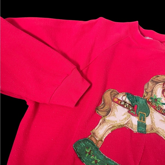 Handmade holiday rocking horse outlined with 90’s puff paint red sweatshirt. - Picture 4 of 6